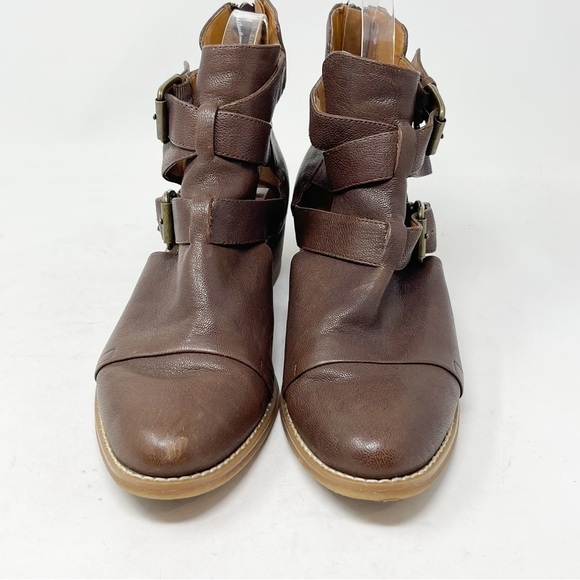 NINE WEST Women’s Brown Leather WATERLOO Buckle Closure Open Side Booties 8.5 - Picture 2 of 12